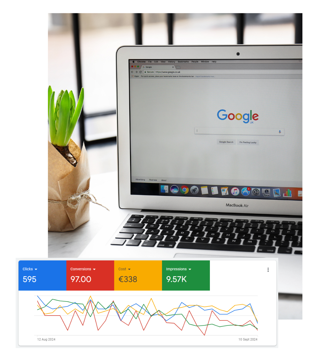 Google Ads Results on the background of a laptop computer